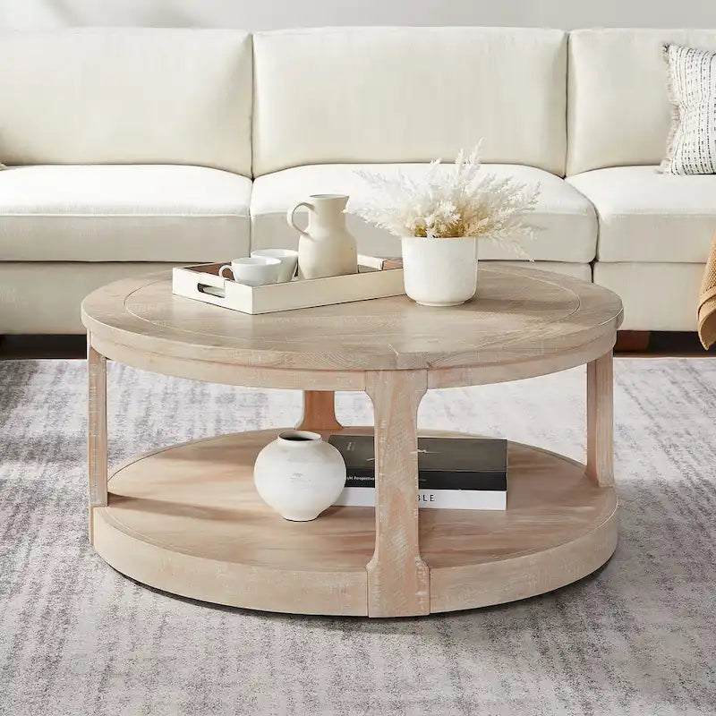 Mesa de centro redonda moderna de 2 niveles de 40 pulgadas con superficie de vetas de madera y 4 ruedas, ideal para sala de estar, dormitorio u oficina