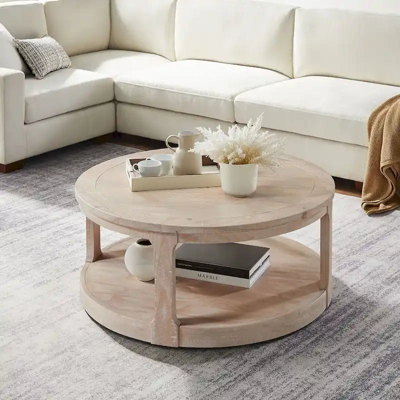 Mesa de centro redonda moderna de 2 niveles de 40 pulgadas con superficie de vetas de madera y 4 ruedas, ideal para sala de estar, dormitorio u oficina