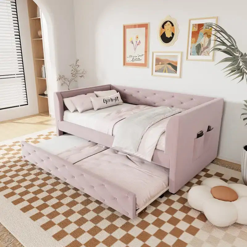 Cama diván individual de terciopelo capitoné con cama nido y almacenamiento