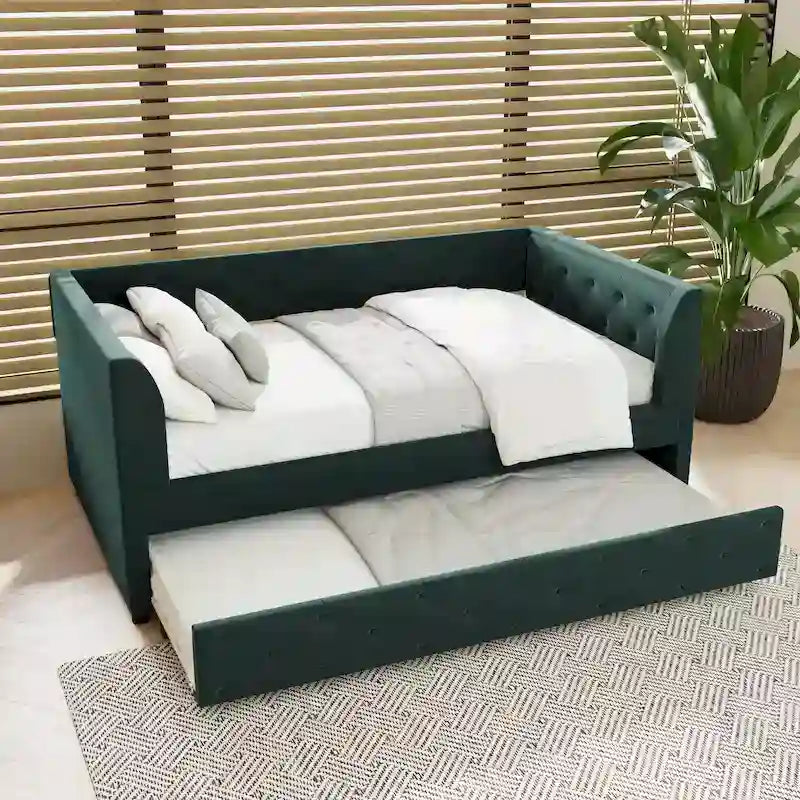Cama diván individual de terciopelo capitoné con cama nido y almacenamiento