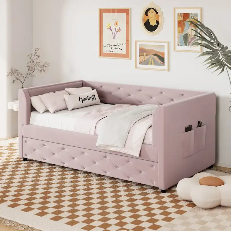 Cama diván individual de terciopelo capitoné con cama nido y almacenamiento