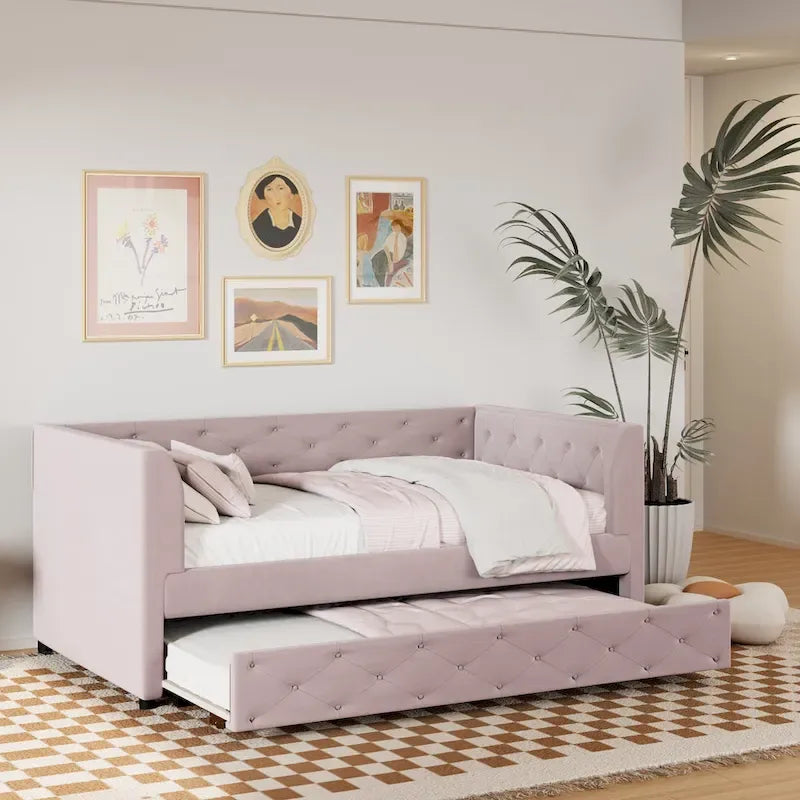 Cama diván individual de terciopelo capitoné con cama nido y almacenamiento