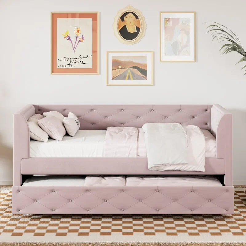 Cama diván individual de terciopelo capitoné con cama nido y almacenamiento