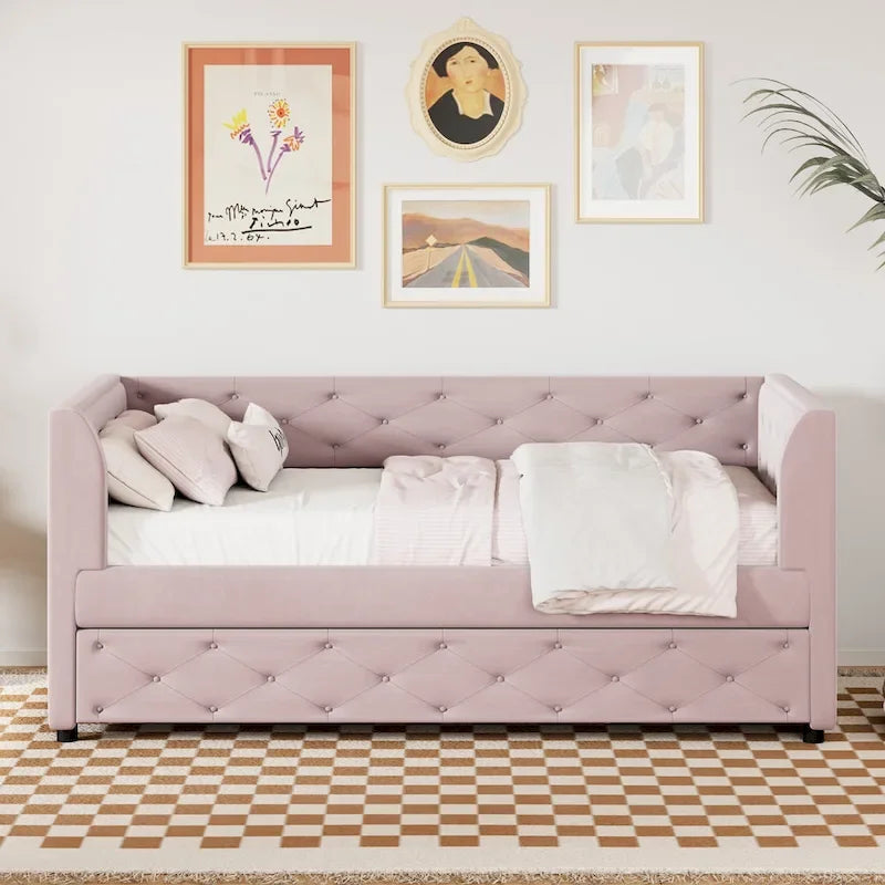 Cama diván individual de terciopelo capitoné con cama nido y almacenamiento