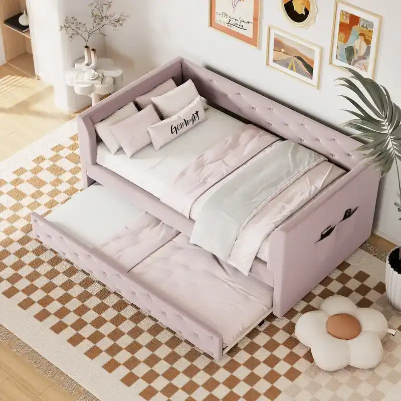Cama diván individual de terciopelo capitoné con cama nido y almacenamiento