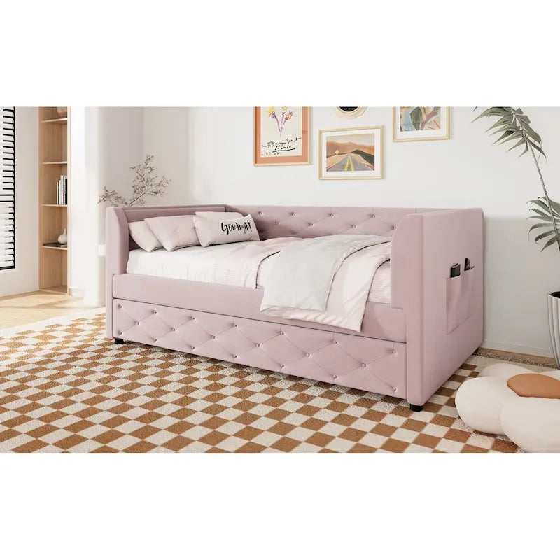 Cama diván individual de terciopelo capitoné con cama nido y almacenamiento