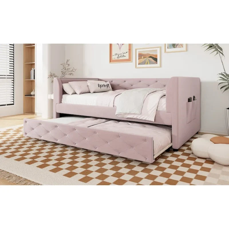 Cama diván individual de terciopelo capitoné con cama nido y almacenamiento