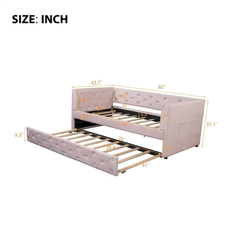 Cama diván individual de terciopelo capitoné con cama nido y almacenamiento