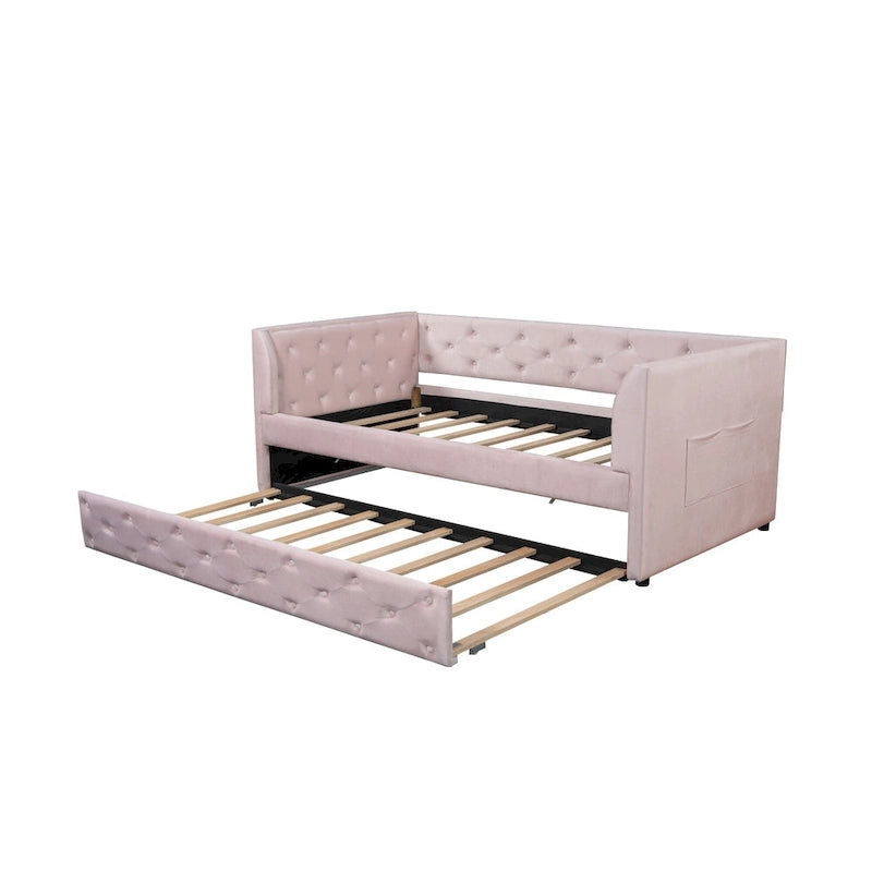 Cama diván individual de terciopelo capitoné con cama nido y almacenamiento