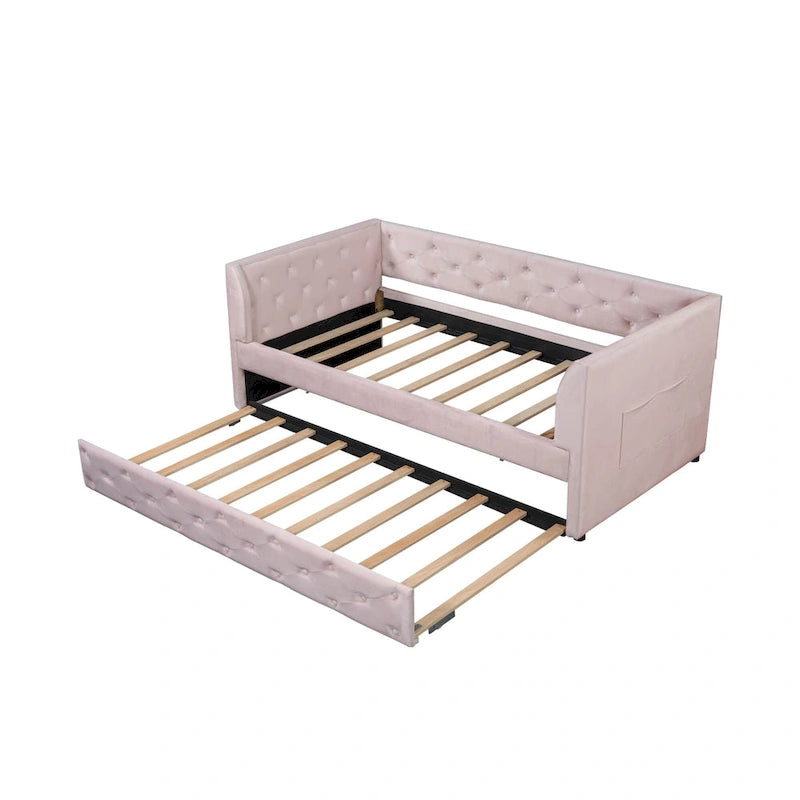 Cama diván individual de terciopelo capitoné con cama nido y almacenamiento