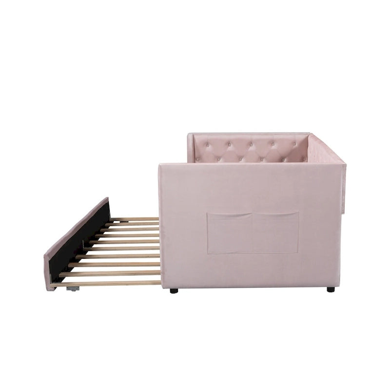 Cama diván individual de terciopelo capitoné con cama nido y almacenamiento