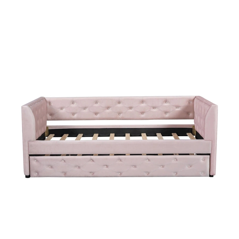 Cama diván individual de terciopelo capitoné con cama nido y almacenamiento