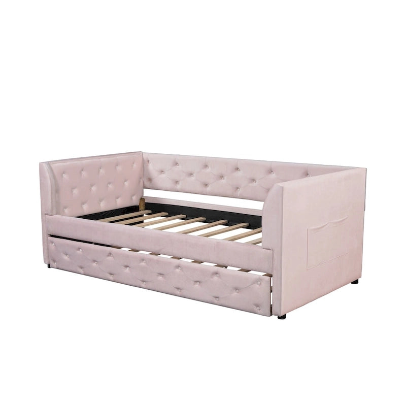 Cama diván individual de terciopelo capitoné con cama nido y almacenamiento