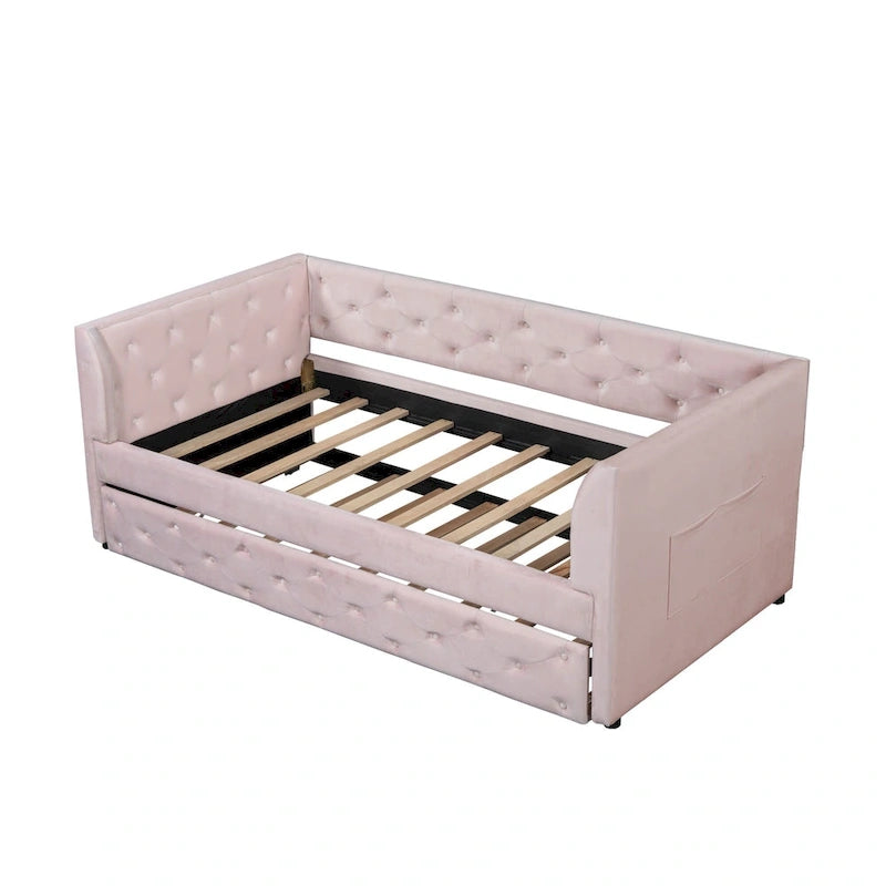 Cama diván individual de terciopelo capitoné con cama nido y almacenamiento