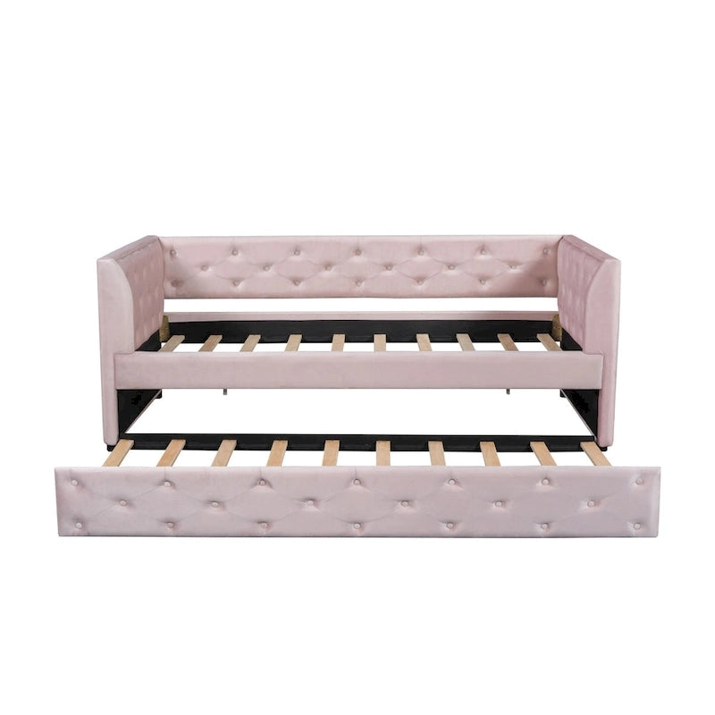 Cama diván individual de terciopelo capitoné con cama nido y almacenamiento