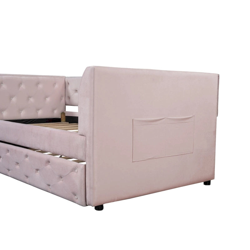 Cama diván individual de terciopelo capitoné con cama nido y almacenamiento