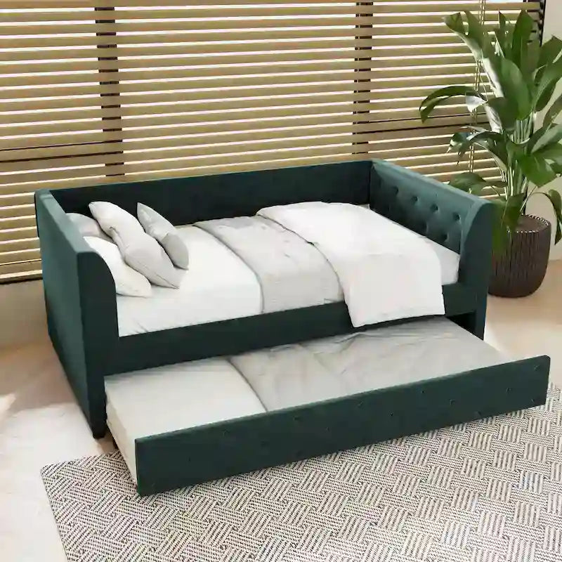Cama diván individual de terciopelo capitoné con cama nido y almacenamiento