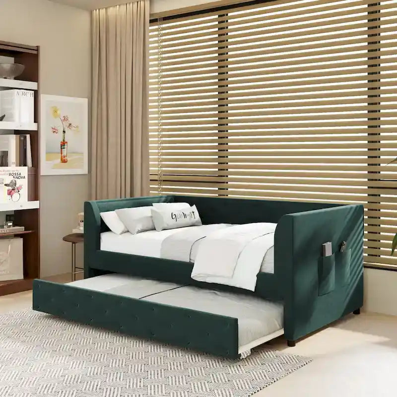 Cama diván individual de terciopelo capitoné con cama nido y almacenamiento