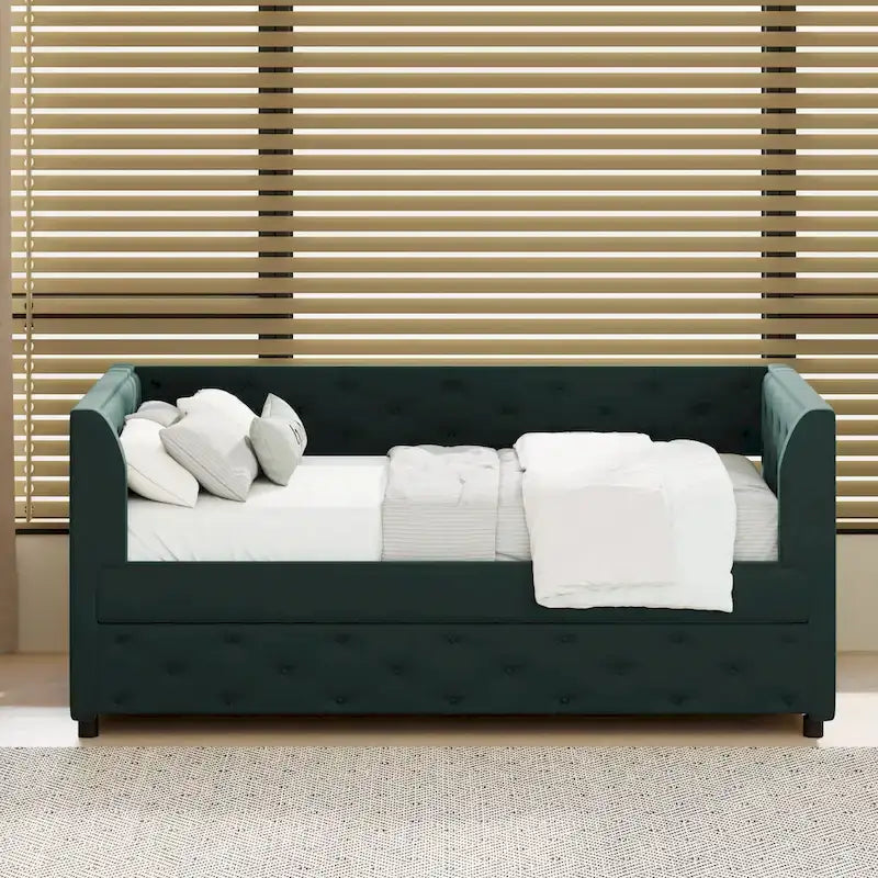 Cama diván individual de terciopelo capitoné con cama nido y almacenamiento