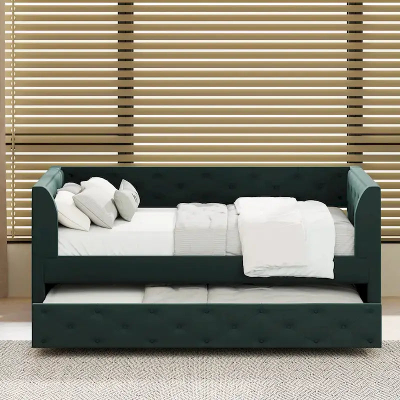 Cama diván individual de terciopelo capitoné con cama nido y almacenamiento