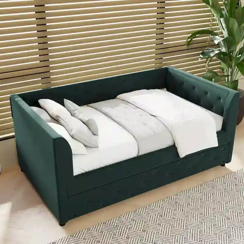 Cama diván individual de terciopelo capitoné con cama nido y almacenamiento