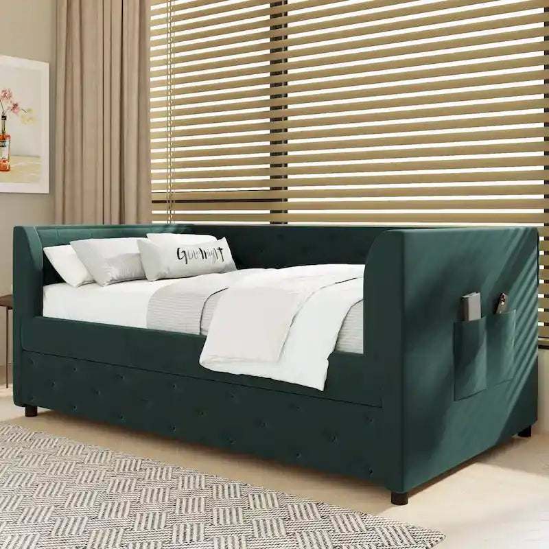Cama diván individual de terciopelo capitoné con cama nido y almacenamiento