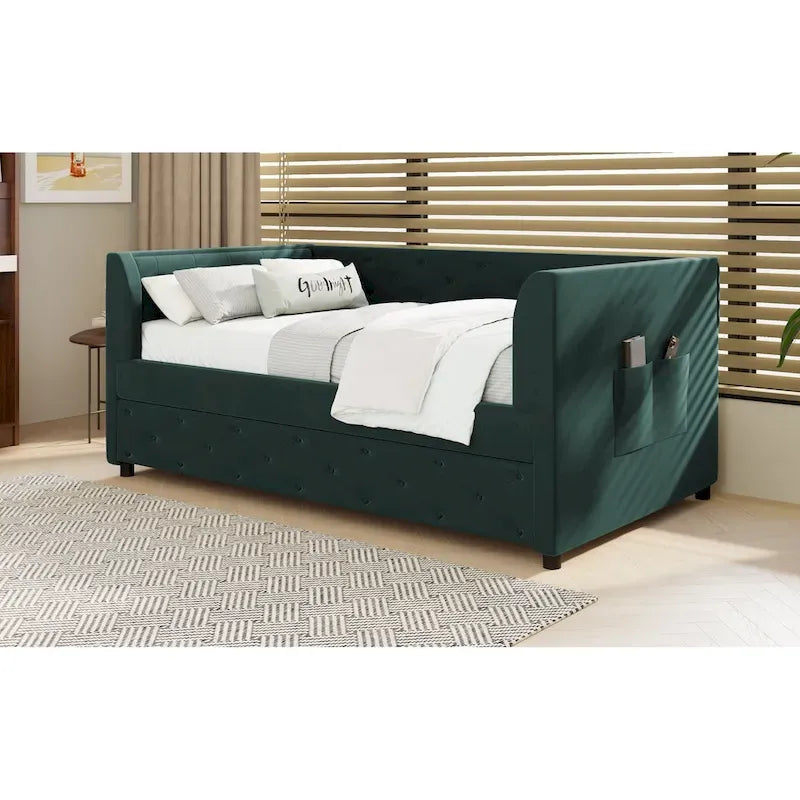Cama diván individual de terciopelo capitoné con cama nido y almacenamiento