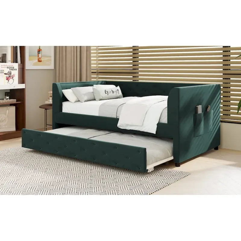 Cama diván individual de terciopelo capitoné con cama nido y almacenamiento