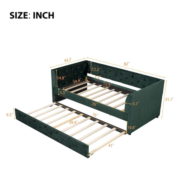 Cama diván individual de terciopelo capitoné con cama nido y almacenamiento