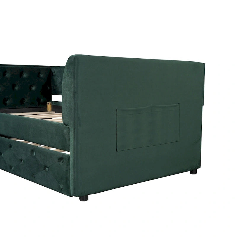 Cama diván individual de terciopelo capitoné con cama nido y almacenamiento