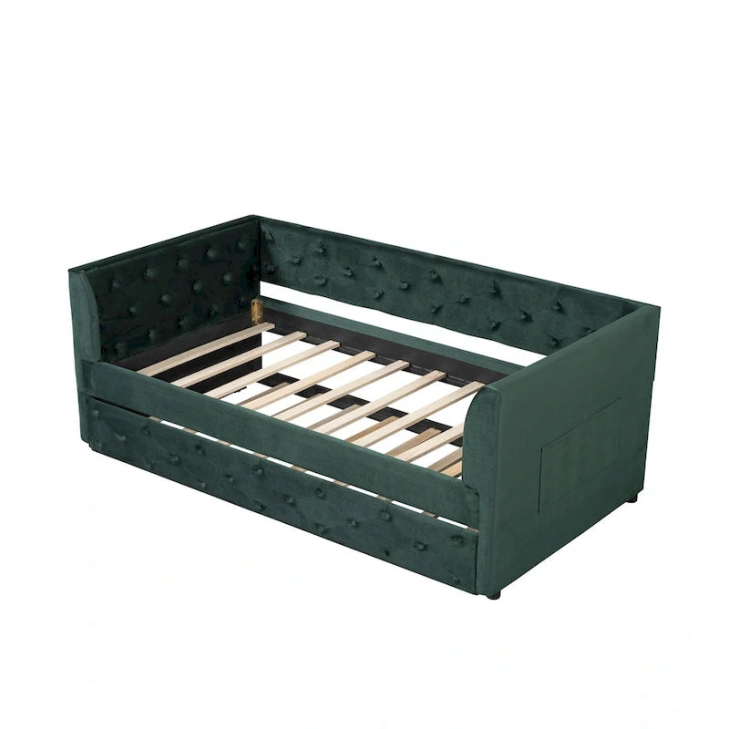 Cama diván individual de terciopelo capitoné con cama nido y almacenamiento