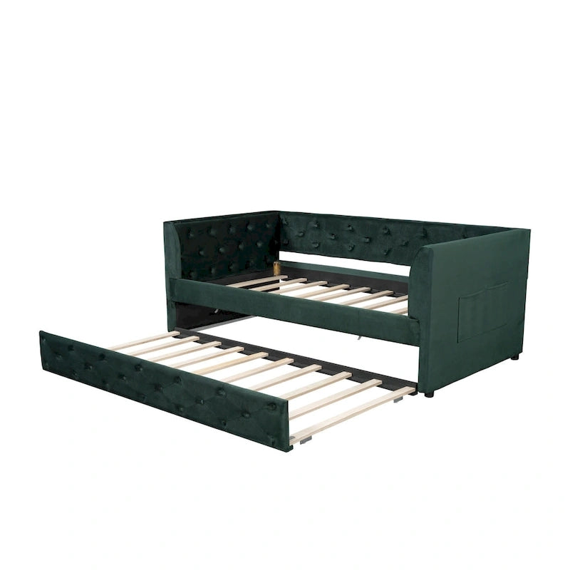 Cama diván individual de terciopelo capitoné con cama nido y almacenamiento