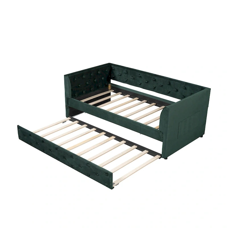 Cama diván individual de terciopelo capitoné con cama nido y almacenamiento