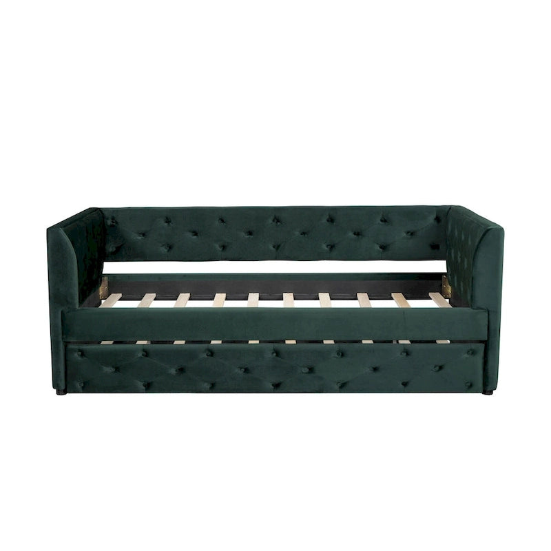 Cama diván individual de terciopelo capitoné con cama nido y almacenamiento