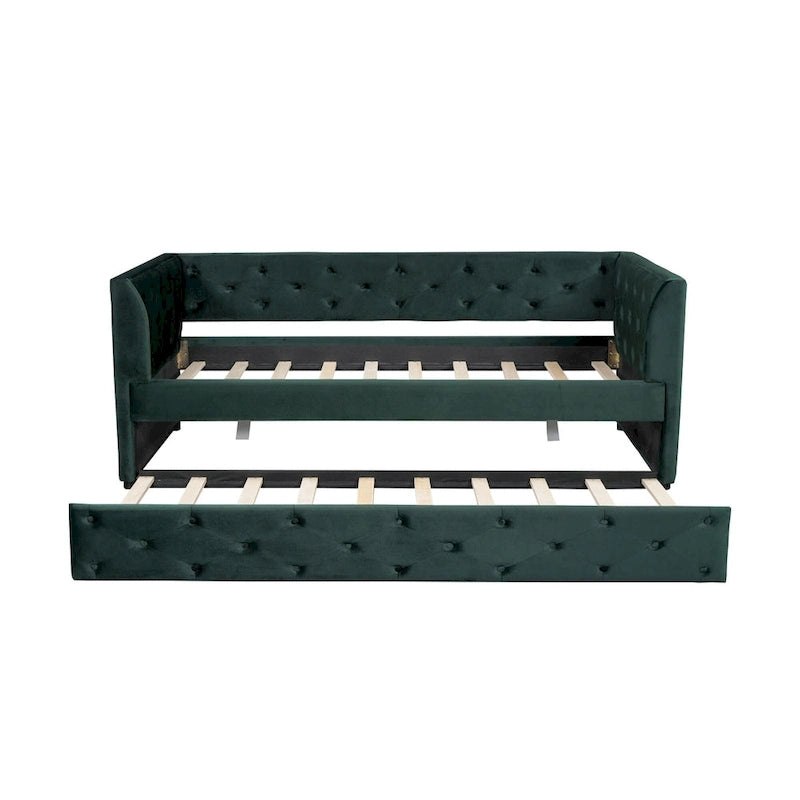Cama diván individual de terciopelo capitoné con cama nido y almacenamiento