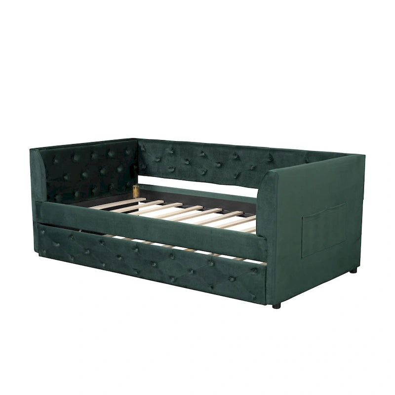 Cama diván individual de terciopelo capitoné con cama nido y almacenamiento