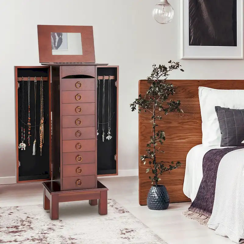 Costway Wood Jewelry Cabinet Armoire Storage Box Chest Stand Organizer - 10.5 X16 X40