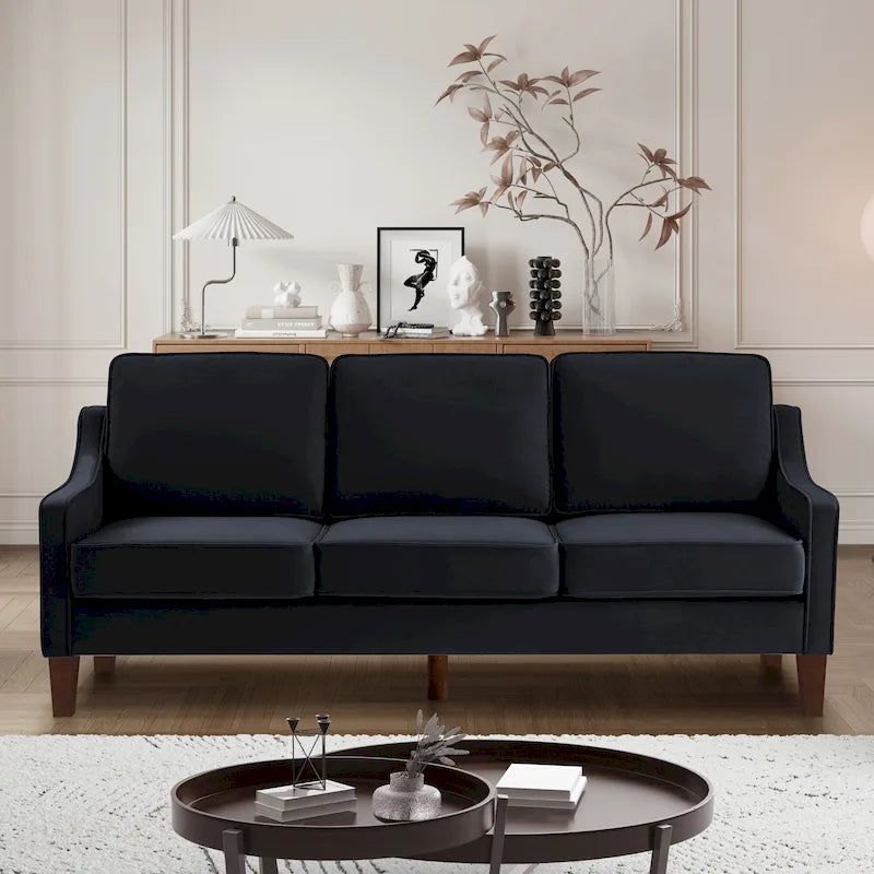Sofá moderno de 3 plazas con reposabrazos curvados y patas de madera - 29.00 x 74.00 x 34.25 pulgadas