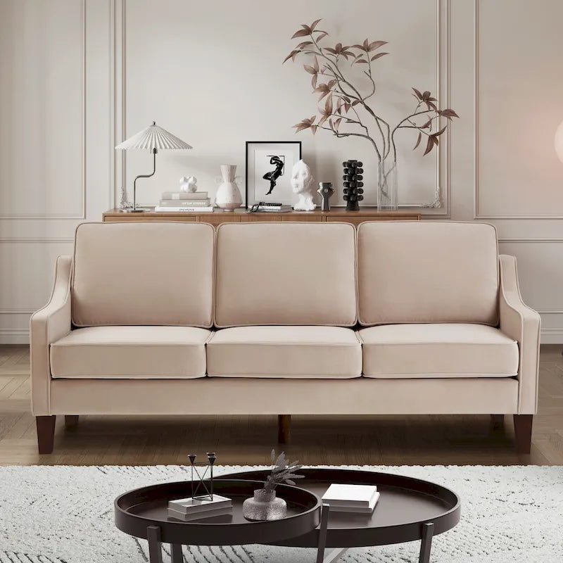 Sofá moderno de 3 plazas con reposabrazos curvados y patas de madera - 29.00 x 74.00 x 34.25 pulgadas