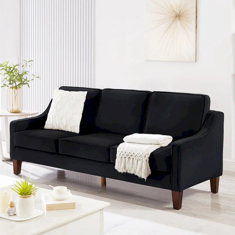 Sofá moderno de 3 plazas con reposabrazos curvados y patas de madera - 29.00 x 74.00 x 34.25 pulgadas