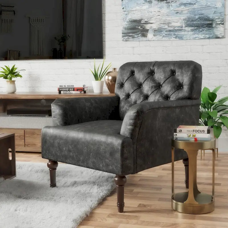 Sillón auxiliar ancho de vinilo capitoné de estilo transicional con cojín en T