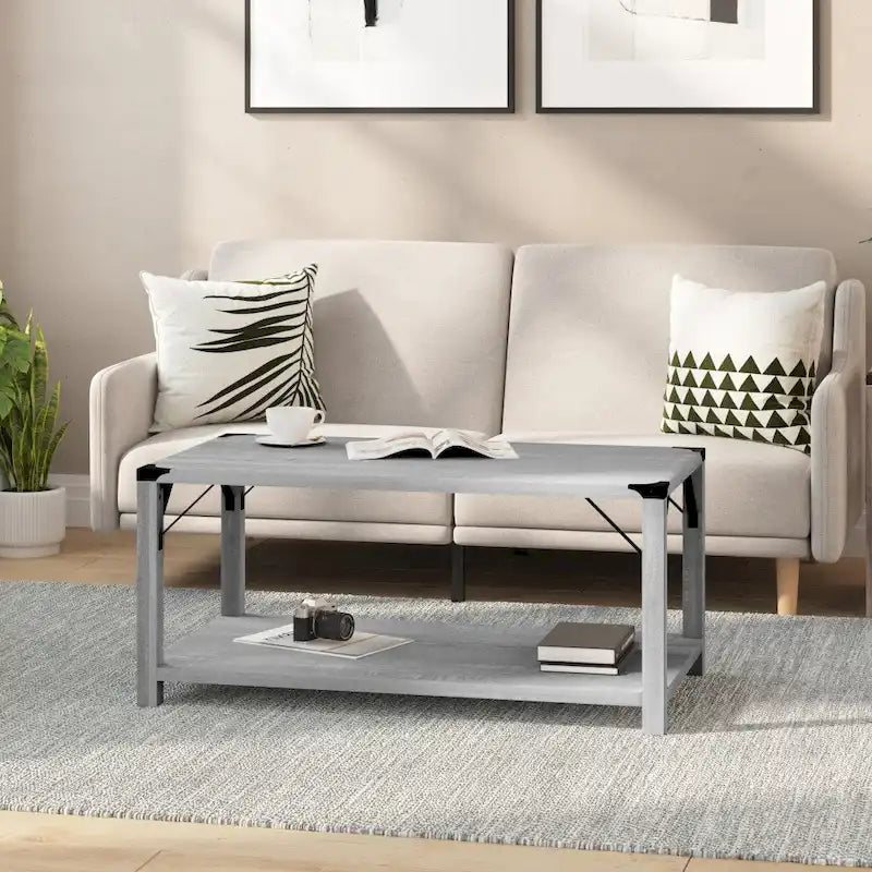 Mesa de centro de 2 niveles con refuerzos laterales de metal y protectores de esquina