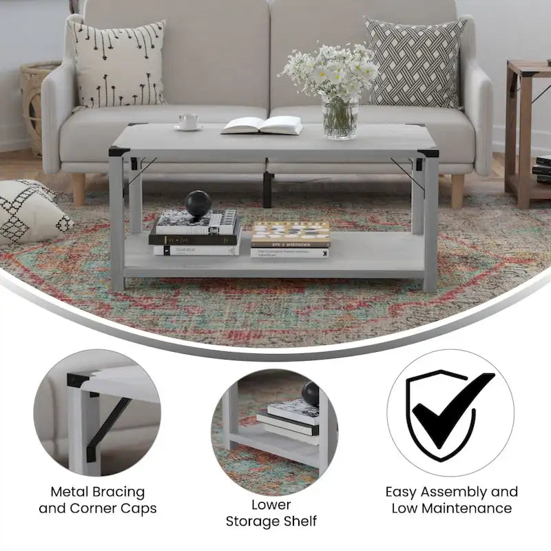 Mesa de centro de 2 niveles con refuerzos laterales de metal y protectores de esquina