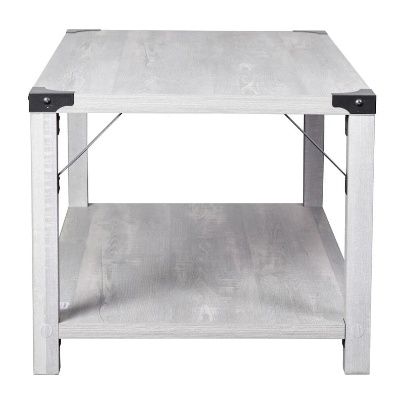 2-stufiger Couchtisch mit seitlichen Metallstreben und Eckkappen