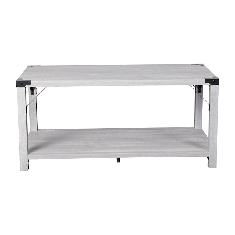 2-stufiger Couchtisch mit seitlichen Metallstreben und Eckkappen