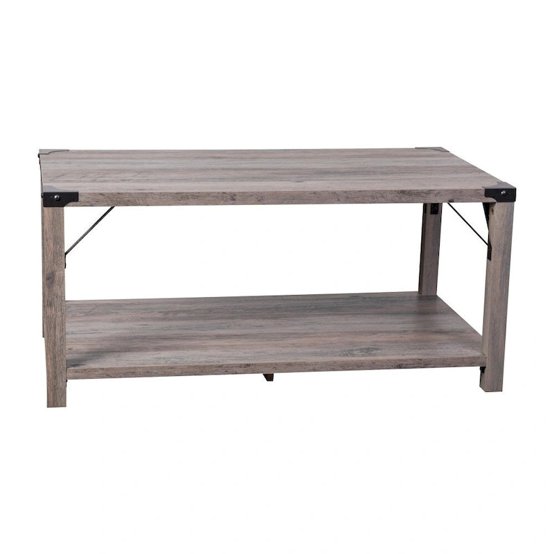 2-stufiger Couchtisch mit seitlichen Metallstreben und Eckkappen