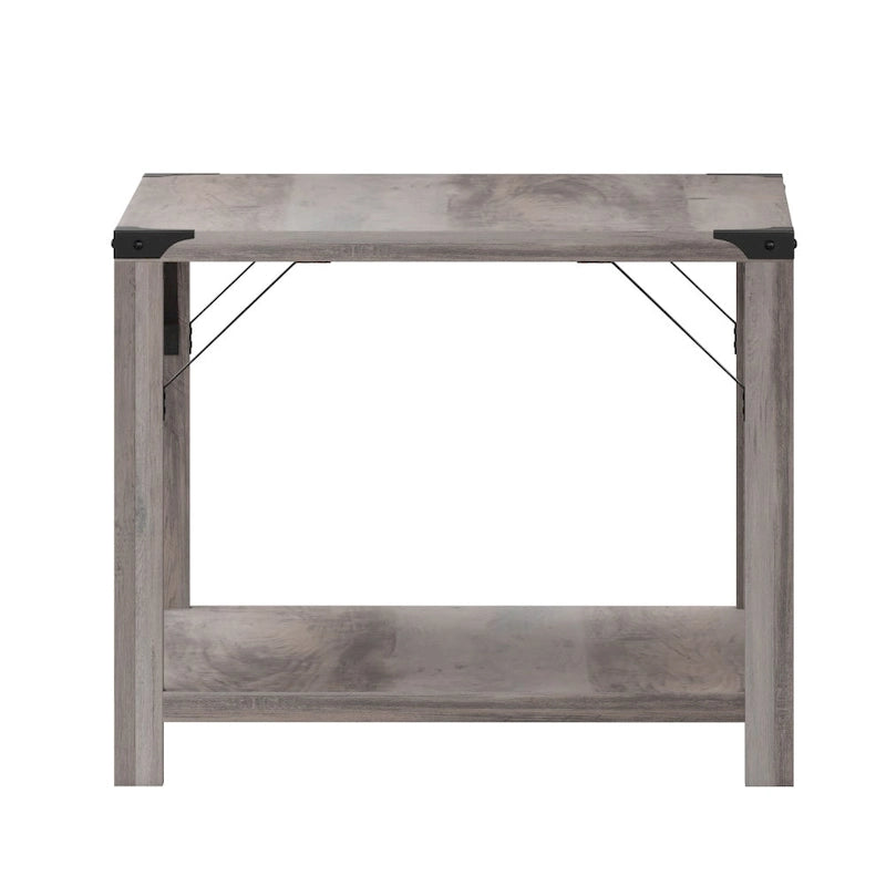 2-stufiger Couchtisch mit seitlichen Metallstreben und Eckkappen