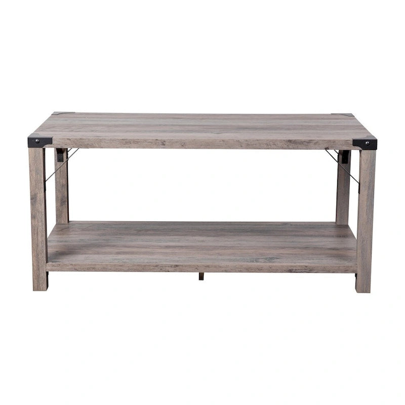 2-stufiger Couchtisch mit seitlichen Metallstreben und Eckkappen