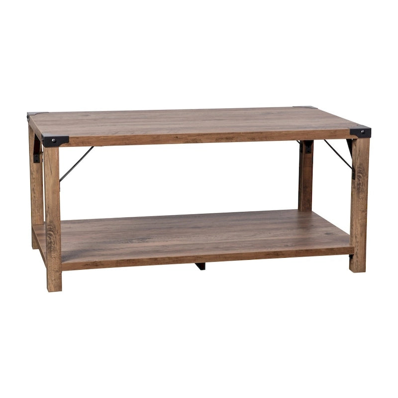 2-stufiger Couchtisch mit seitlichen Metallstreben und Eckkappen