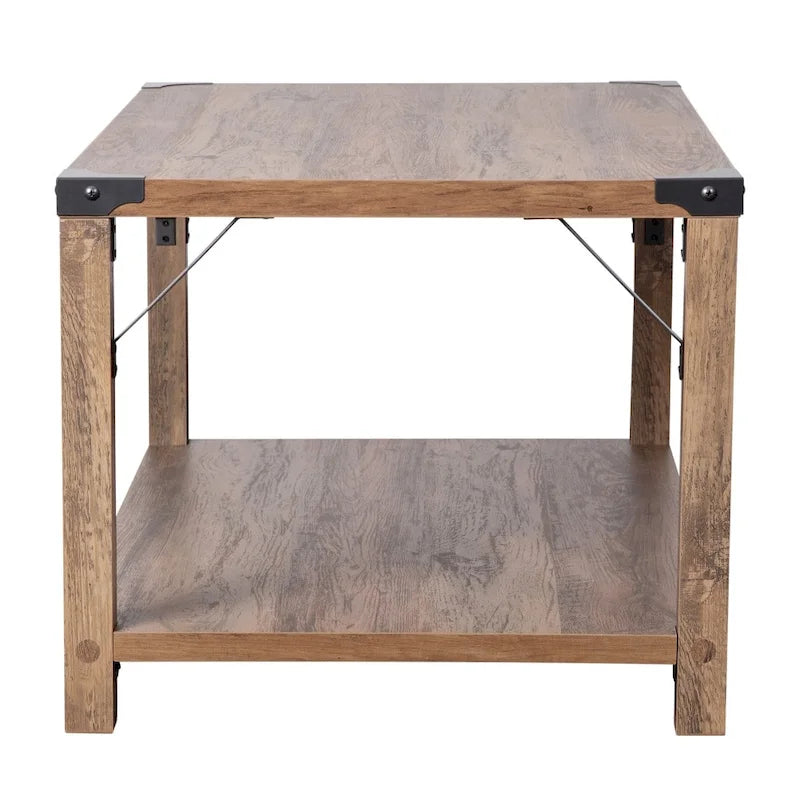 2-stufiger Couchtisch mit seitlichen Metallstreben und Eckkappen